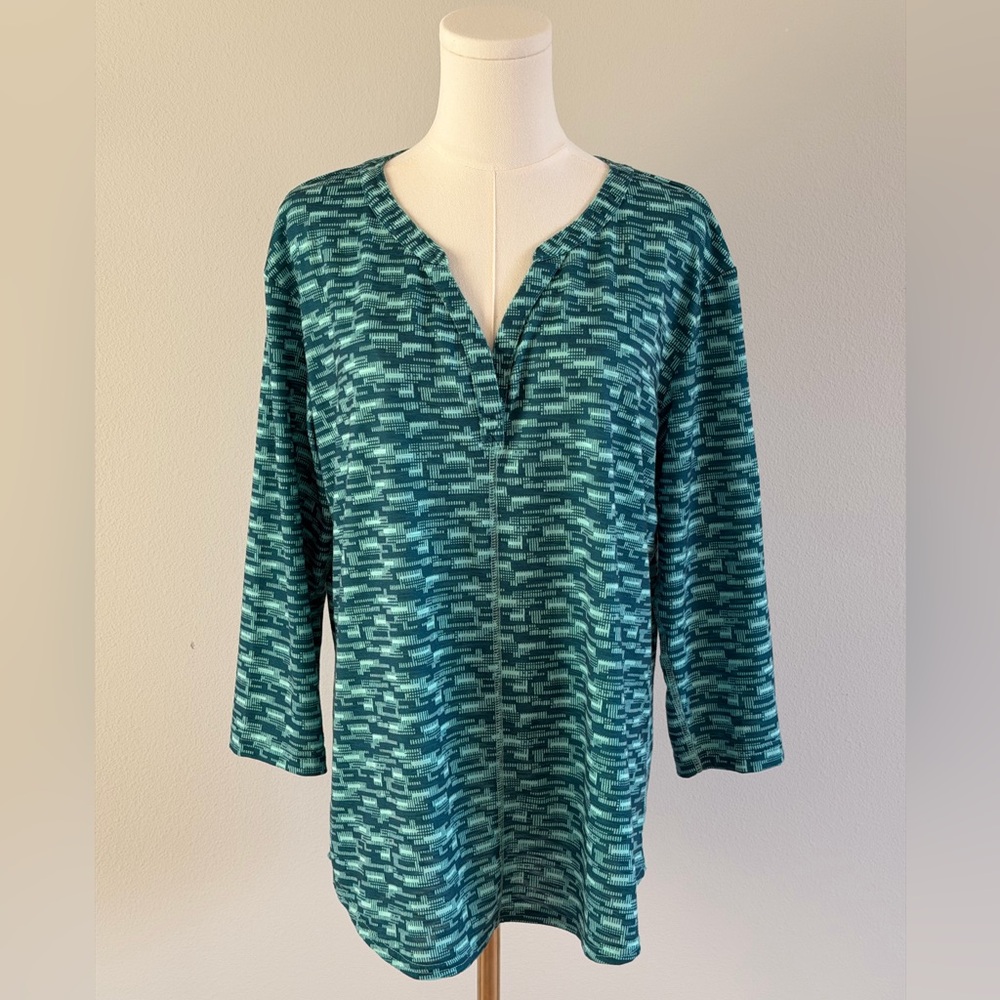 L.L. Bean Teal/Green Patterned 3/4 Sleeve Tunic/Top - L